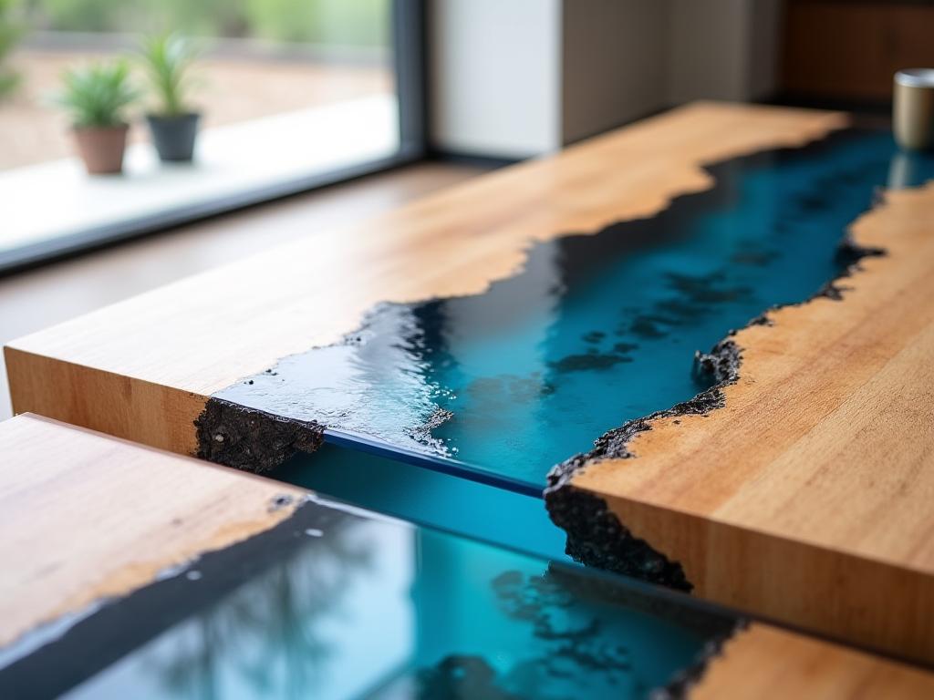Unique coffee table with blue epoxy river